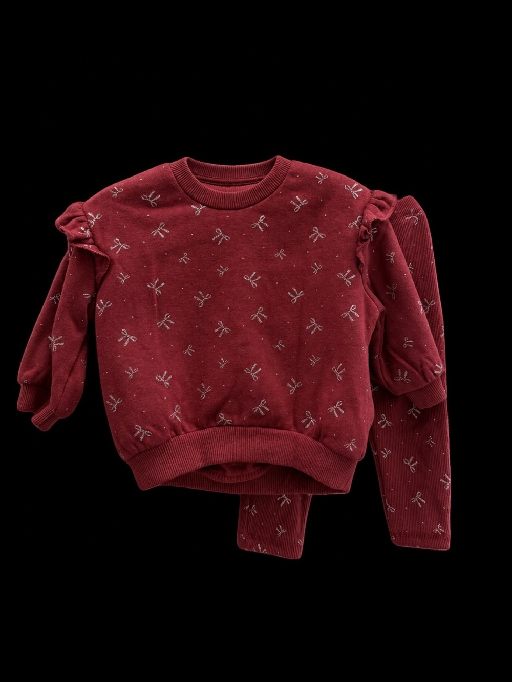 Petit Lem Mini Threads Red Burgundy Sweater and Pants Set with Silver Bow Print